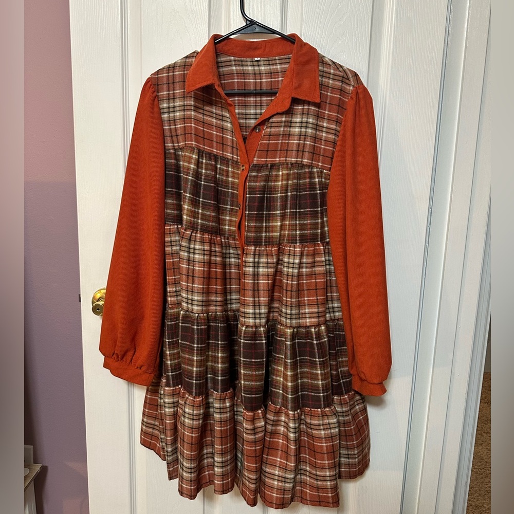 Large No Tags LS Tiered Orange & Brown Plaid Corduroy Mini Dress - Picture 1 of 6